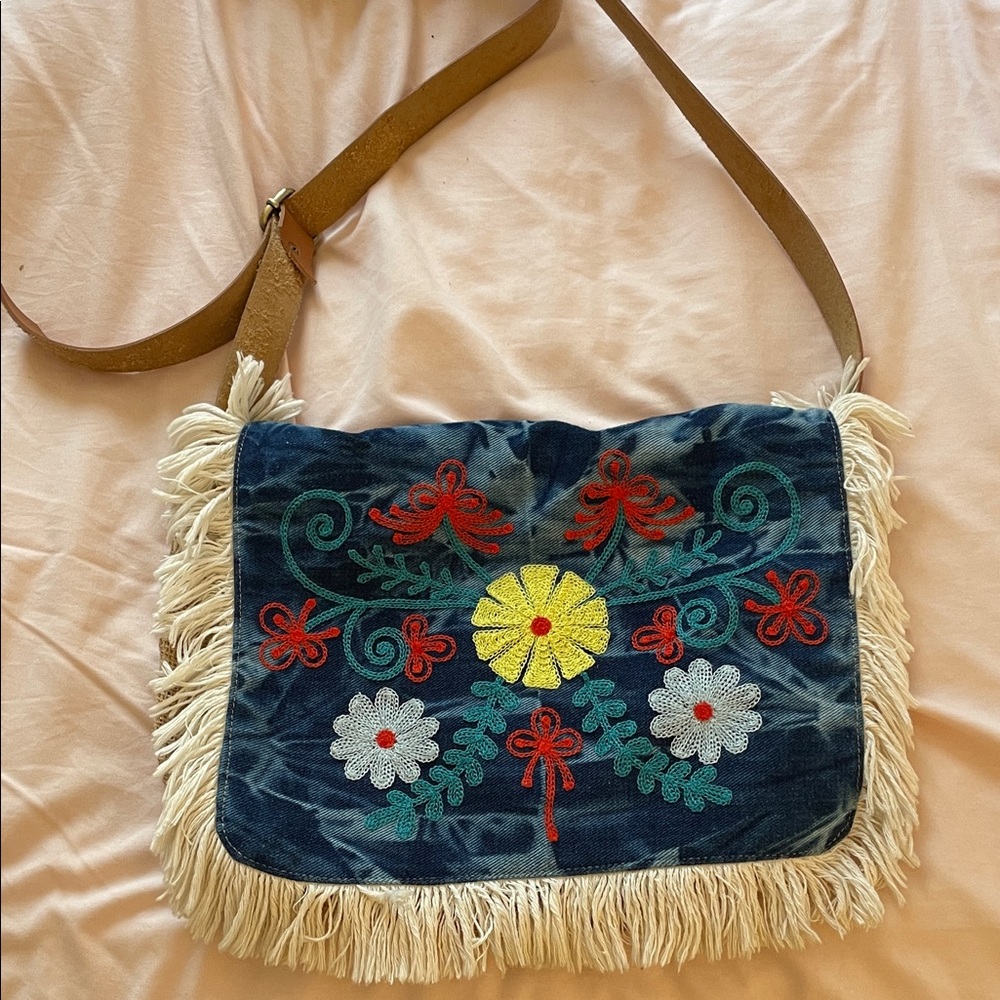 Embroidered Fringe Shoulder Bag - Blue and Tan
